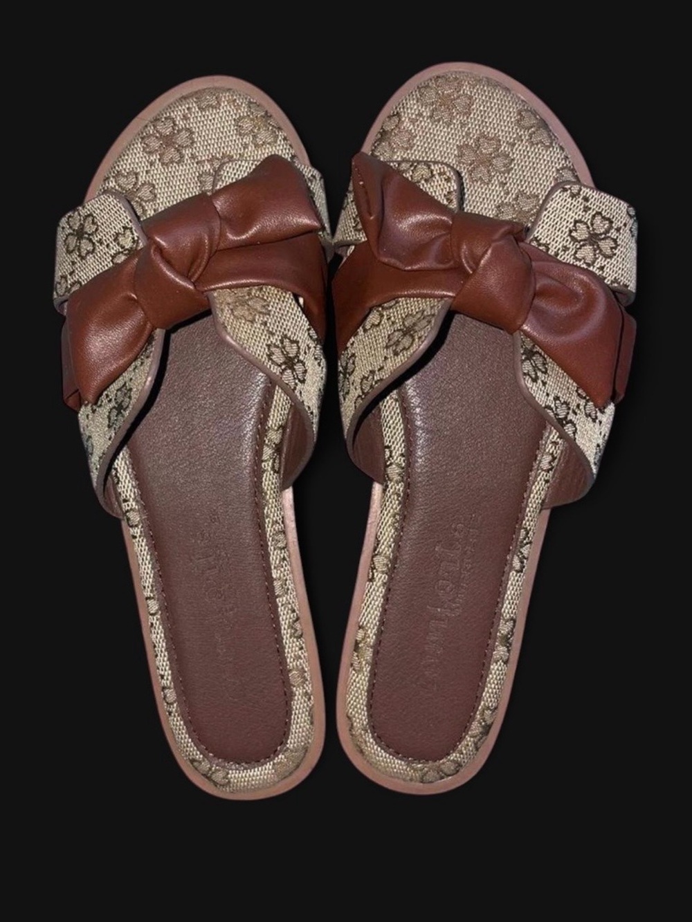 Arden B. Designer Monogram Print Slide Sandals Brown Bow Accent Y2K